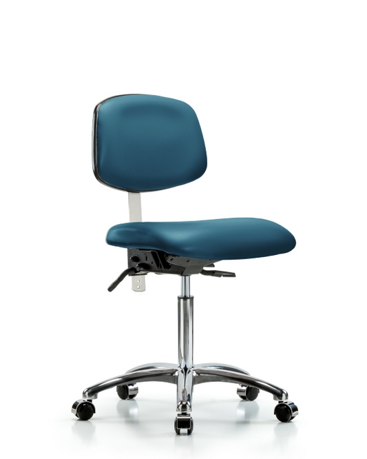 Blue Ridge Ergonomics NCR-VMBCH-CR-T0-A0-NF-CC-8801 Class 100 Vinyl Clean Room Chair - Medium Bench Height with Casters in Marine Blue Supernova™ Vinyl