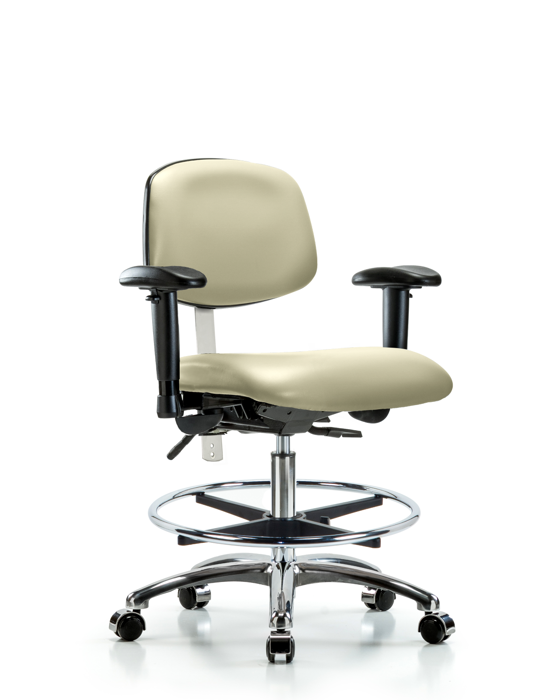 Blue Ridge Ergonomics NCR-VMBCH-CR-T0-A1-CF-CC-8501 Class 100 Vinyl Clean Room Chair - Medium Bench Height with Adjustable Arms, Chrome Foot Ring, & Casters in Adobe White Trailblazer™ Vinyl