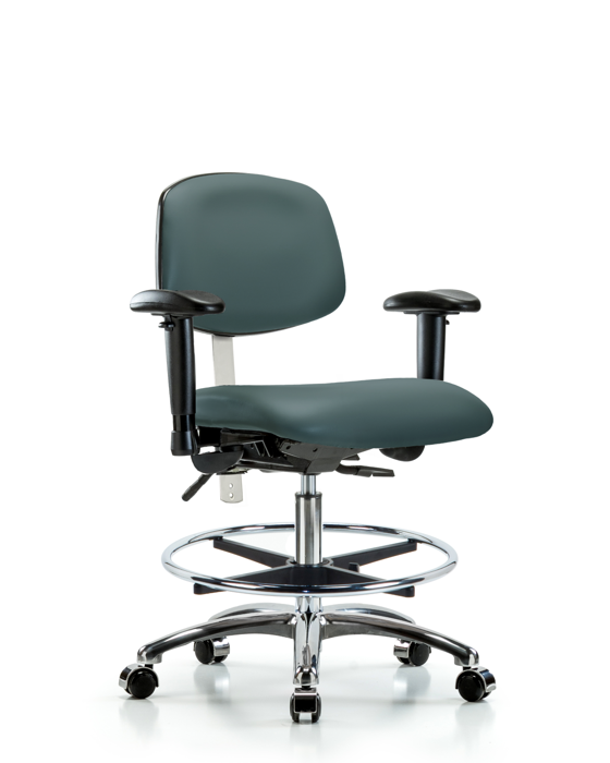 Blue Ridge Ergonomics NCR-VMBCH-CR-T0-A1-CF-CC-8546 Class 100 Vinyl Clean Room Chair - Medium Bench Height with Adjustable Arms, Chrome Foot Ring, & Casters in Colonial Blue Trailblazer™ Vinyl