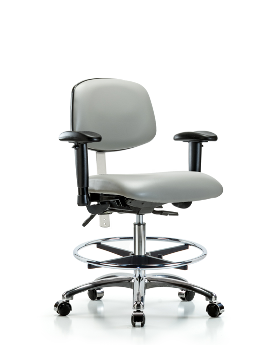 Blue Ridge Ergonomics NCR-VMBCH-CR-T0-A1-CF-CC-8567 Class 100 Vinyl Clean Room Chair - Medium Bench Height with Adjustable Arms, Chrome Foot Ring, & Casters in Dove Trailblazer™ Vinyl