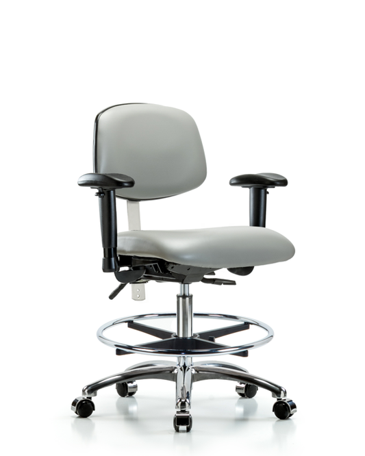 Blue Ridge Ergonomics NCR-VMBCH-CR-T0-A1-CF-CC-8567 Class 100 Vinyl Clean Room Chair - Medium Bench Height with Adjustable Arms, Chrome Foot Ring, & Casters in Dove Trailblazer™ Vinyl