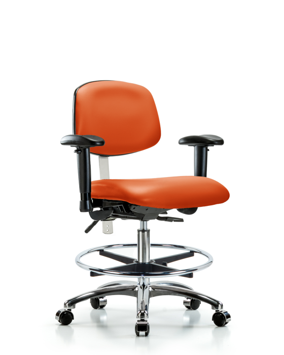 Blue Ridge Ergonomics NCR-VMBCH-CR-T0-A1-CF-CC-8613 Class 100 Vinyl Clean Room Chair - Medium Bench Height with Adjustable Arms, Chrome Foot Ring, & Casters in Orange Kist Trailblazer™ Vinyl