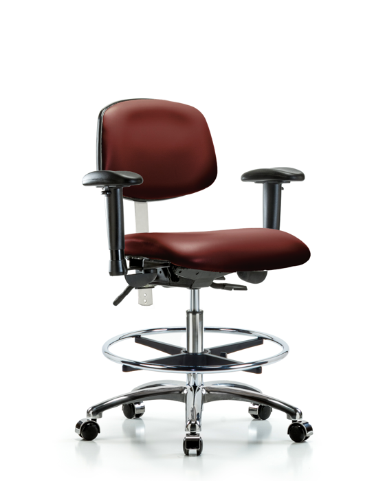 Blue Ridge Ergonomics NCR-VMBCH-CR-T0-A1-CF-CC-8815 Class 100 Vinyl Clean Room Chair - Medium Bench Height with Adjustable Arms, Chrome Foot Ring, & Casters in Borscht Supernova™ Vinyl