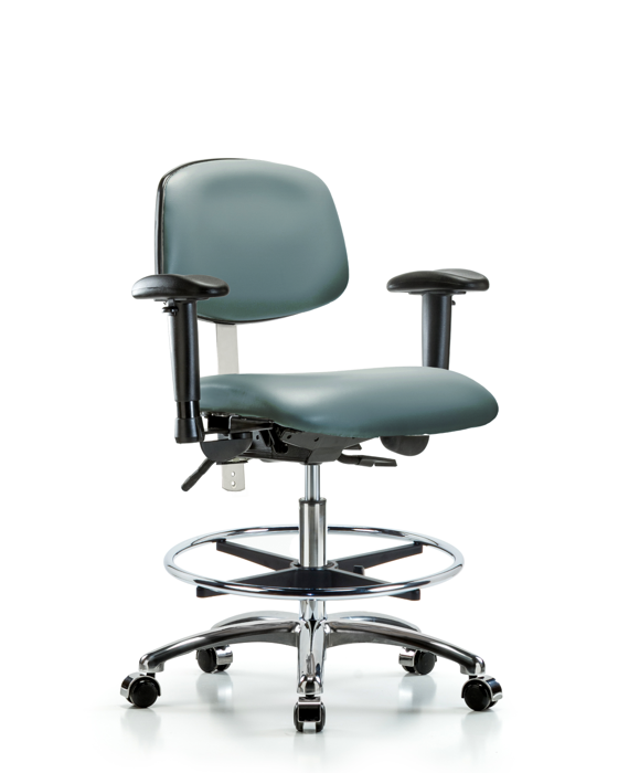 Blue Ridge Ergonomics NCR-VMBCH-CR-T0-A1-CF-CC-8822 Class 100 Vinyl Clean Room Chair - Medium Bench Height with Adjustable Arms, Chrome Foot Ring, & Casters in Storm Supernova™ Vinyl