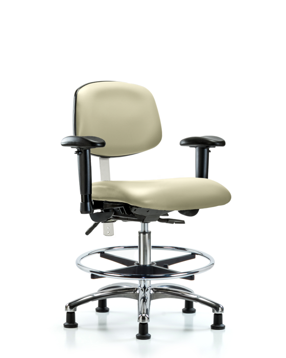 Blue Ridge Ergonomics NCR-VMBCH-CR-T0-A1-CF-RG-8501 Class 100 Vinyl Clean Room Chair - Medium Bench Height with Adjustable Arms, Chrome Foot Ring, & Stationary Glides in Adobe White Trailblazer™ Vinyl