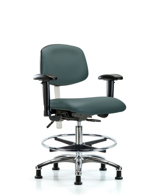 Blue Ridge Ergonomics NCR-VMBCH-CR-T0-A1-CF-RG-8546 Class 100 Vinyl Clean Room Chair - Medium Bench Height with Adjustable Arms, Chrome Foot Ring, & Stationary Glides in Colonial Blue Trailblazer™ Vinyl