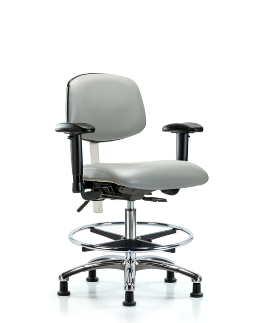 Blue Ridge Ergonomics NCR-VMBCH-CR-T0-A1-CF-RG-8567 Class 100 Vinyl Clean Room Chair - Medium Bench Height with Adjustable Arms, Chrome Foot Ring, & Stationary Glides in Dove Trailblazer™ Vinyl