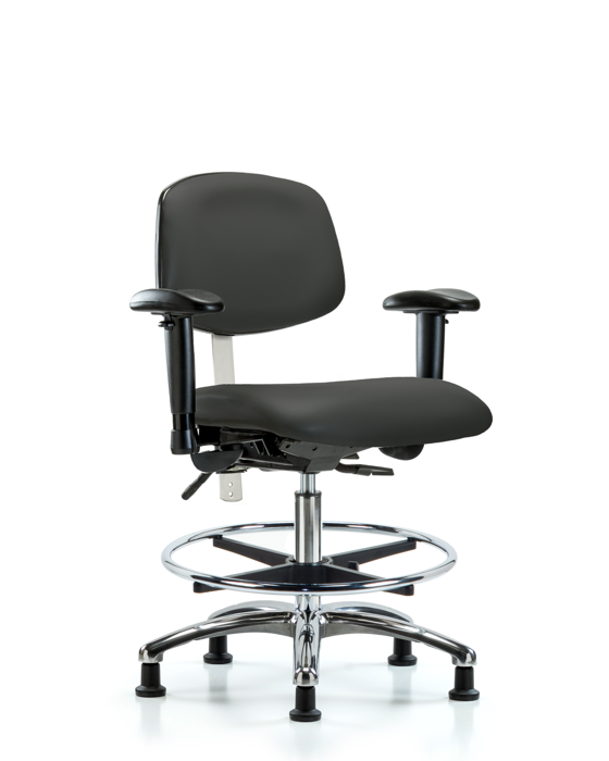 Blue Ridge Ergonomics NCR-VMBCH-CR-T0-A1-CF-RG-8605 Class 100 Vinyl Clean Room Chair - Medium Bench Height with Adjustable Arms, Chrome Foot Ring, & Stationary Glides in Charcoal Trailblazer™ Vinyl