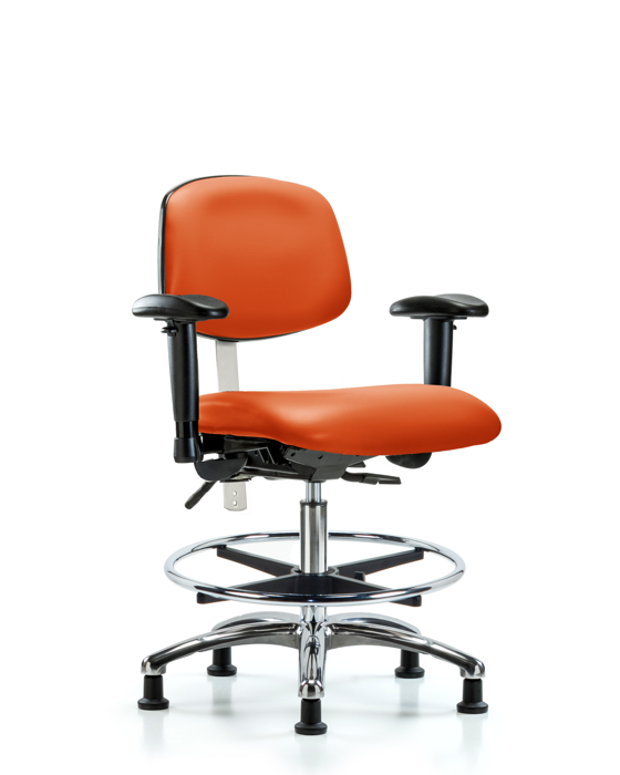Blue Ridge Ergonomics NCR-VMBCH-CR-T0-A1-CF-RG-8613 Class 100 Vinyl Clean Room Chair - Medium Bench Height with Adjustable Arms, Chrome Foot Ring, & Stationary Glides in Orange Kist Trailblazer™ Vinyl
