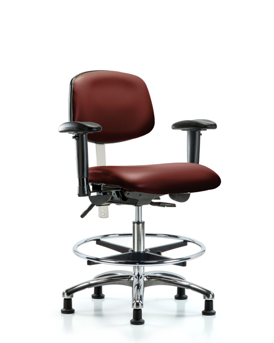 Blue Ridge Ergonomics NCR-VMBCH-CR-T0-A1-CF-RG-8815 Class 100 Vinyl Clean Room Chair - Medium Bench Height with Adjustable Arms, Chrome Foot Ring, & Stationary Glides in Borscht Supernova™ Vinyl