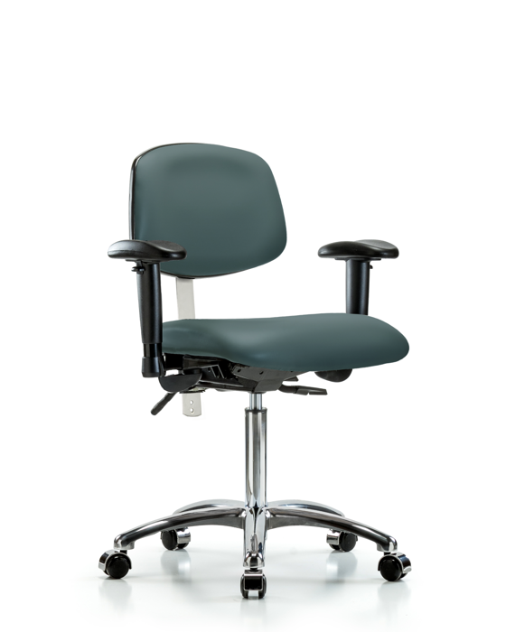 Blue Ridge Ergonomics NCR-VMBCH-CR-T0-A1-NF-CC-8546 Class 100 Vinyl Clean Room Chair - Medium Bench Height with Adjustable Arms & Casters in Colonial Blue Trailblazer™ Vinyl