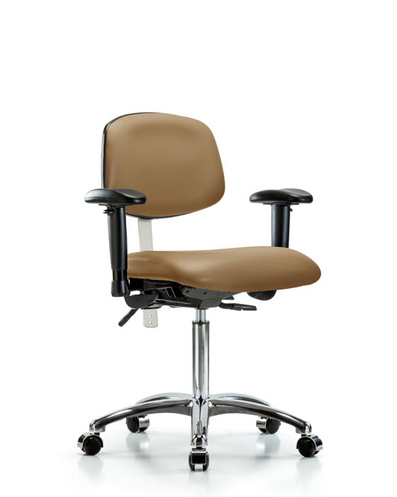 Blue Ridge Ergonomics NCR-VMBCH-CR-T0-A1-NF-CC-8584 Class 100 Vinyl Clean Room Chair - Medium Bench Height with Adjustable Arms & Casters in Taupe Trailblazer™ Vinyl