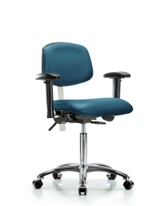 Blue Ridge Ergonomics NCR-VMBCH-CR-T0-A1-NF-CC-8801 Class 100 Vinyl Clean Room Chair - Medium Bench Height with Adjustable Arms & Casters in Marine Blue Supernova™ Vinyl