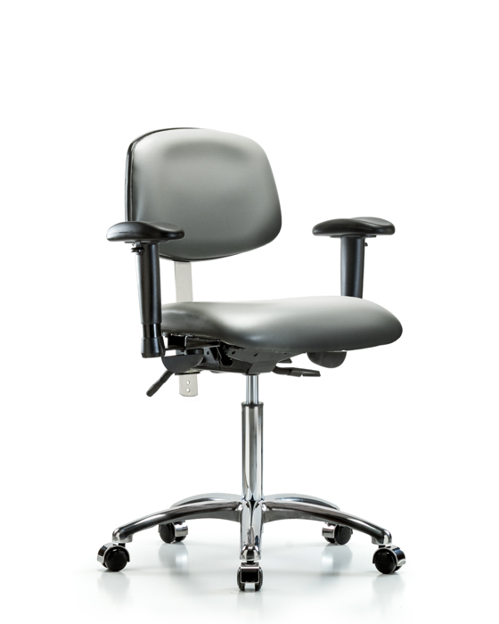Blue Ridge Ergonomics NCR-VMBCH-CR-T0-A1-NF-CC-8840 Class 100 Vinyl Clean Room Chair - Medium Bench Height with Adjustable Arms & Casters in Sterling Supernova™ Vinyl