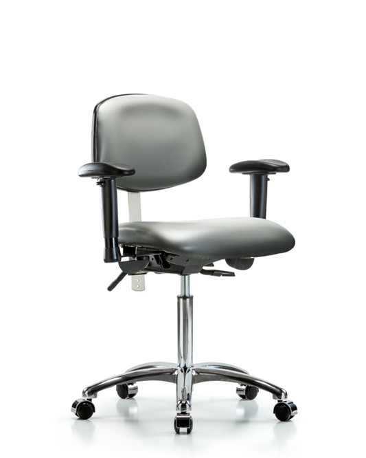Blue Ridge Ergonomics NCR-VMBCH-CR-T0-A1-NF-CC-8840 Class 100 Vinyl Clean Room Chair - Medium Bench Height with Adjustable Arms & Casters in Sterling Supernova™ Vinyl