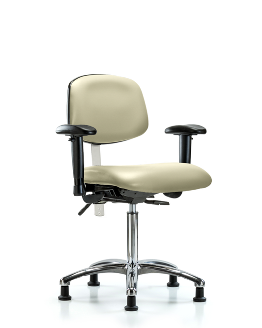 Blue Ridge Ergonomics NCR-VMBCH-CR-T0-A1-NF-RG-8501 Class 100 Vinyl Clean Room Chair - Medium Bench Height with Adjustable Arms & Stationary Glides in Adobe White Trailblazer™ Vinyl