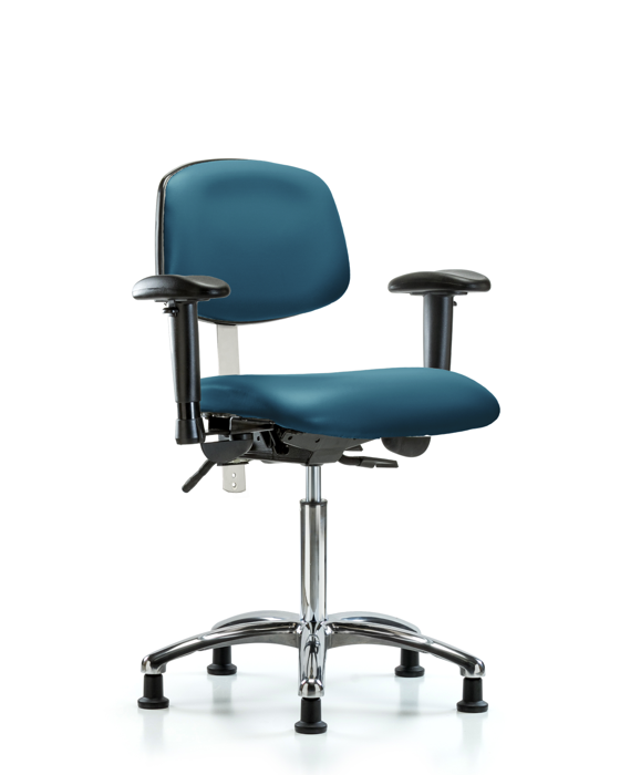 Blue Ridge Ergonomics NCR-VMBCH-CR-T0-A1-NF-RG-8801 Class 100 Vinyl Clean Room Chair - Medium Bench Height with Adjustable Arms & Stationary Glides in Marine Blue Supernova™ Vinyl