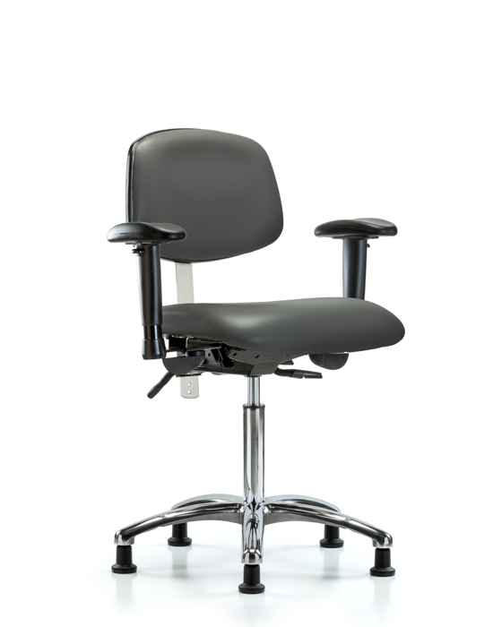 Blue Ridge Ergonomics NCR-VMBCH-CR-T0-A1-NF-RG-8823 Class 100 Vinyl Clean Room Chair - Medium Bench Height with Adjustable Arms & Stationary Glides in Carbon Supernova™ Vinyl