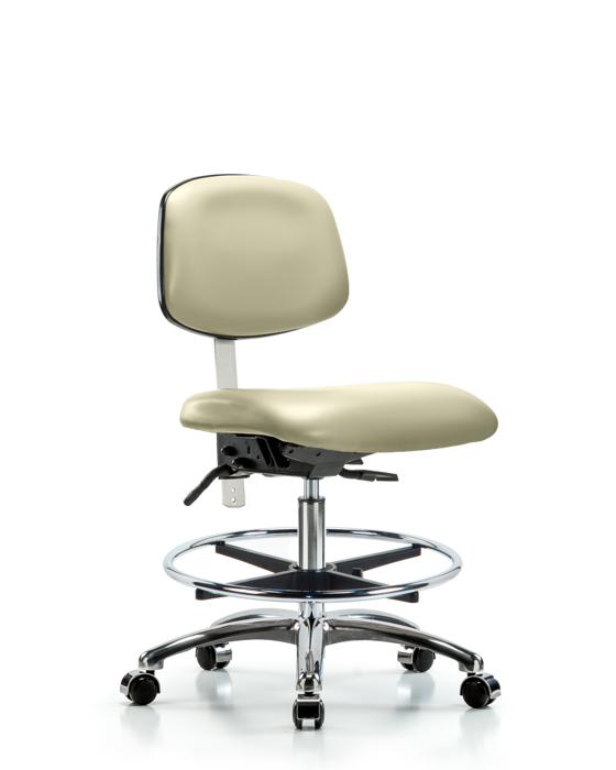 Blue Ridge Ergonomics NCR-VMBCH-CR-T1-A0-CF-CC-8501 Class 100 Vinyl Clean Room Chair - Medium Bench Height with Seat Tilt, Chrome Foot Ring, & Casters in Adobe White Trailblazer™ Vinyl