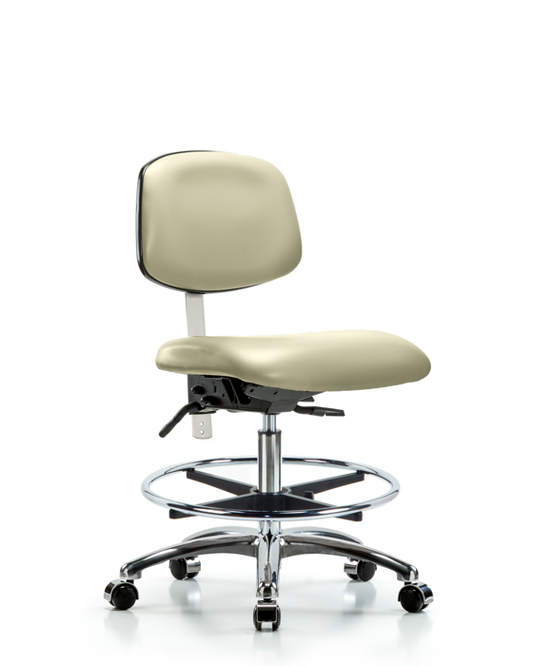 Blue Ridge Ergonomics NCR-VMBCH-CR-T1-A0-CF-CC-8501 Class 100 Vinyl Clean Room Chair - Medium Bench Height with Seat Tilt, Chrome Foot Ring, & Casters in Adobe White Trailblazer™ Vinyl