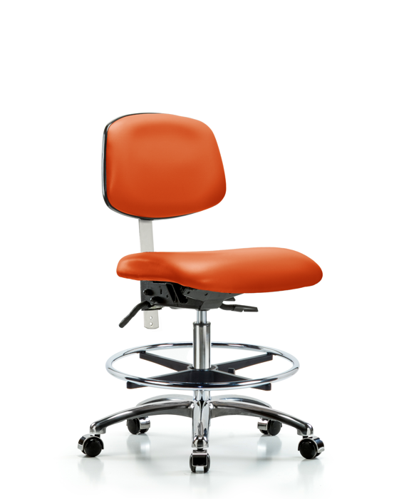 Blue Ridge Ergonomics NCR-VMBCH-CR-T1-A0-CF-CC-8613 Class 100 Vinyl Clean Room Chair - Medium Bench Height with Seat Tilt, Chrome Foot Ring, & Casters in Orange Kist Trailblazer™ Vinyl