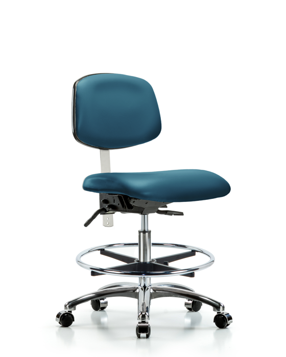 Blue Ridge Ergonomics NCR-VMBCH-CR-T1-A0-CF-CC-8801 Class 100 Vinyl Clean Room Chair - Medium Bench Height with Seat Tilt, Chrome Foot Ring, & Casters in Marine Blue Supernova™ Vinyl