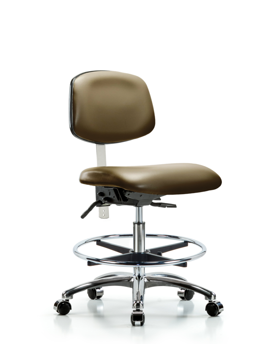 Blue Ridge Ergonomics NCR-VMBCH-CR-T1-A0-CF-CC-8809 Class 100 Vinyl Clean Room Chair - Medium Bench Height with Seat Tilt, Chrome Foot Ring, & Casters in Taupe Supernova™ Vinyl