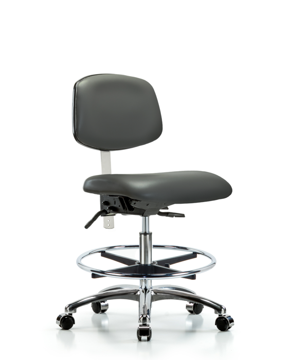 Blue Ridge Ergonomics NCR-VMBCH-CR-T1-A0-CF-CC-8823 Class 100 Vinyl Clean Room Chair - Medium Bench Height with Seat Tilt, Chrome Foot Ring, & Casters in Carbon Supernova™ Vinyl