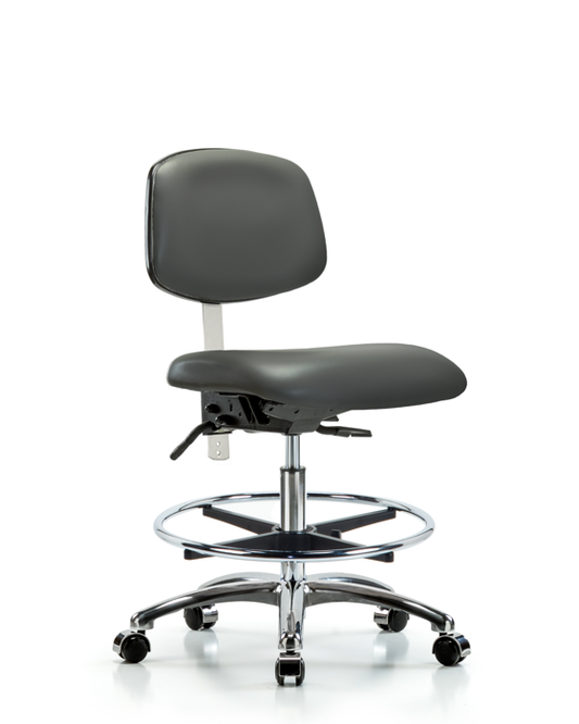 Blue Ridge Ergonomics NCR-VMBCH-CR-T1-A0-CF-CC-8823 Class 100 Vinyl Clean Room Chair - Medium Bench Height with Seat Tilt, Chrome Foot Ring, & Casters in Carbon Supernova™ Vinyl