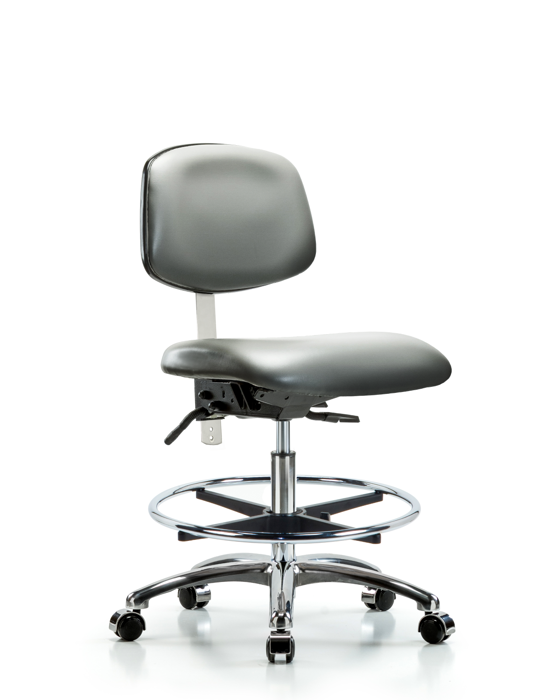 Blue Ridge Ergonomics NCR-VMBCH-CR-T1-A0-CF-CC-8840 Class 100 Vinyl Clean Room Chair - Medium Bench Height with Seat Tilt, Chrome Foot Ring, & Casters in Sterling Supernova™ Vinyl