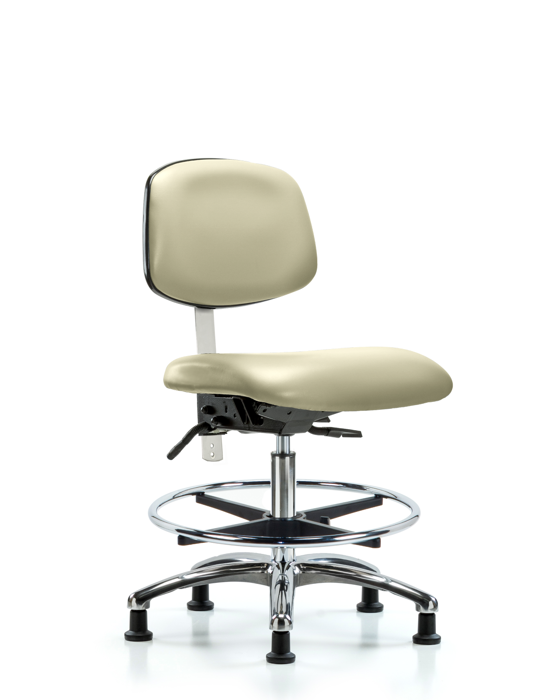 Blue Ridge Ergonomics NCR-VMBCH-CR-T1-A0-CF-RG-8501 Class 100 Vinyl Clean Room Chair - Medium Bench Height with Seat Tilt, Chrome Foot Ring, & Stationary Glides in Adobe White Trailblazer™ Vinyl
