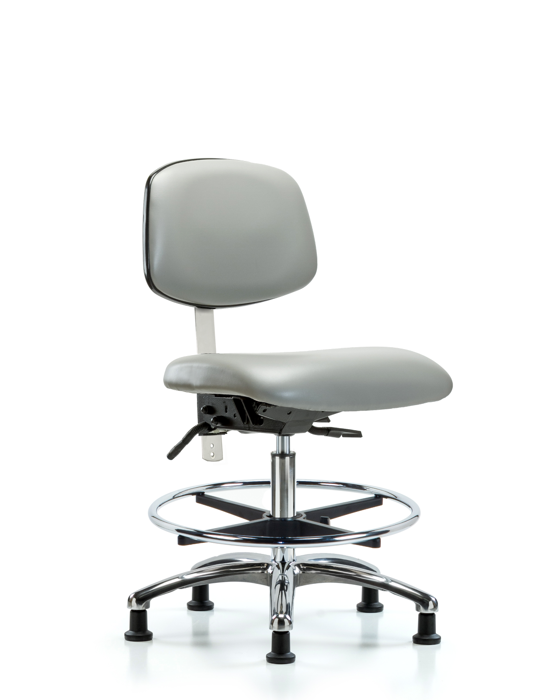 Blue Ridge Ergonomics NCR-VMBCH-CR-T1-A0-CF-RG-8567 Class 100 Vinyl Clean Room Chair - Medium Bench Height with Seat Tilt, Chrome Foot Ring, & Stationary Glides in Dove Trailblazer™ Vinyl
