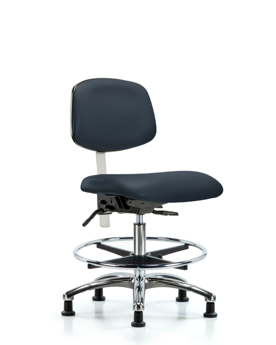 Blue Ridge Ergonomics NCR-VMBCH-CR-T1-A0-CF-RG-8582 Class 100 Vinyl Clean Room Chair - Medium Bench Height with Seat Tilt, Chrome Foot Ring, & Stationary Glides in Imperial Blue Trailblazer™ Vinyl