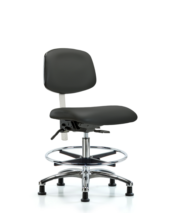 Blue Ridge Ergonomics NCR-VMBCH-CR-T1-A0-CF-RG-8605 Class 100 Vinyl Clean Room Chair - Medium Bench Height with Seat Tilt, Chrome Foot Ring, & Stationary Glides in Charcoal Trailblazer™ Vinyl