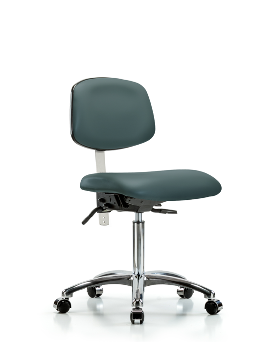 Blue Ridge Ergonomics NCR-VMBCH-CR-T1-A0-NF-CC-8546 Class 100 Vinyl Clean Room Chair - Medium Bench Height with Seat Tilt & Casters in Colonial Blue Trailblazer™ Vinyl