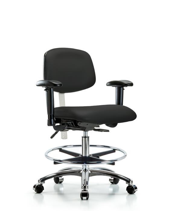 Blue Ridge Ergonomics NCR-VMBCH-CR-T1-A1-CF-CC-8540 Class 100 Vinyl Clean Room Chair - Medium Bench Height with Seat Tilt, Adjustable Arms, Chrome Foot Ring, & Casters in Black Trailblazer™ Vinyl