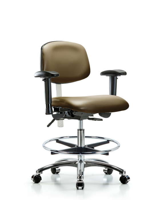 Blue Ridge Ergonomics NCR-VMBCH-CR-T1-A1-CF-CC-8809 Class 100 Vinyl Clean Room Chair - Medium Bench Height with Seat Tilt, Adjustable Arms, Chrome Foot Ring, & Casters in Taupe Supernova™ Vinyl