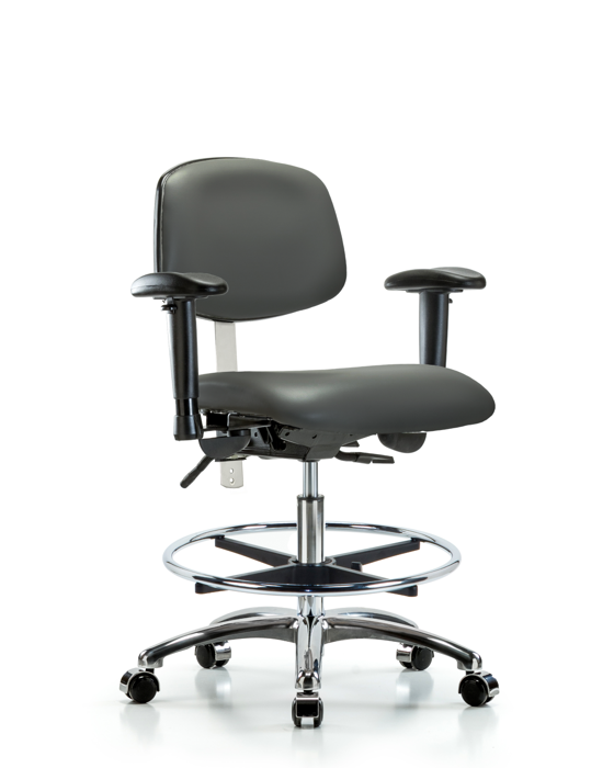 Blue Ridge Ergonomics NCR-VMBCH-CR-T1-A1-CF-CC-8823 Class 100 Vinyl Clean Room Chair - Medium Bench Height with Seat Tilt, Adjustable Arms, Chrome Foot Ring, & Casters in Carbon Supernova™ Vinyl