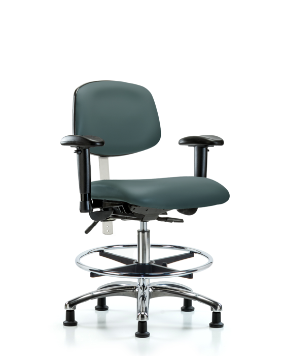 Blue Ridge Ergonomics NCR-VMBCH-CR-T1-A1-CF-RG-8546 Class 100 Vinyl Clean Room Chair - Medium Bench Height with Seat Tilt, Adjustable Arms, Chrome Foot Ring, & Stationary Glides in Colonial Blue Trailblazer™ Vinyl