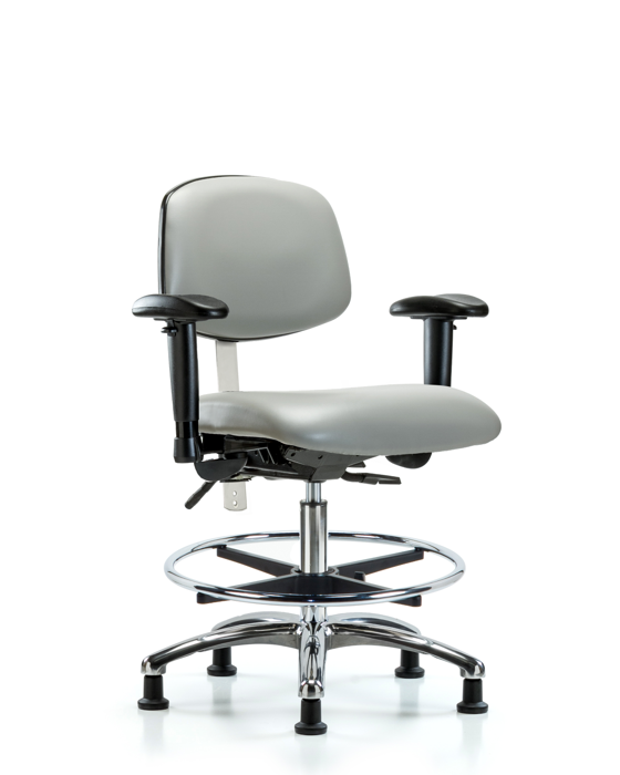Blue Ridge Ergonomics NCR-VMBCH-CR-T1-A1-CF-RG-8567 Class 100 Vinyl Clean Room Chair - Medium Bench Height with Seat Tilt, Adjustable Arms, Chrome Foot Ring, & Stationary Glides in Dove Trailblazer™ Vinyl