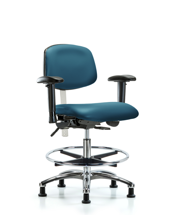 Blue Ridge Ergonomics NCR-VMBCH-CR-T1-A1-CF-RG-8801 Class 100 Vinyl Clean Room Chair - Medium Bench Height with Seat Tilt, Adjustable Arms, Chrome Foot Ring, & Stationary Glides in Marine Blue Supernova™ Vinyl