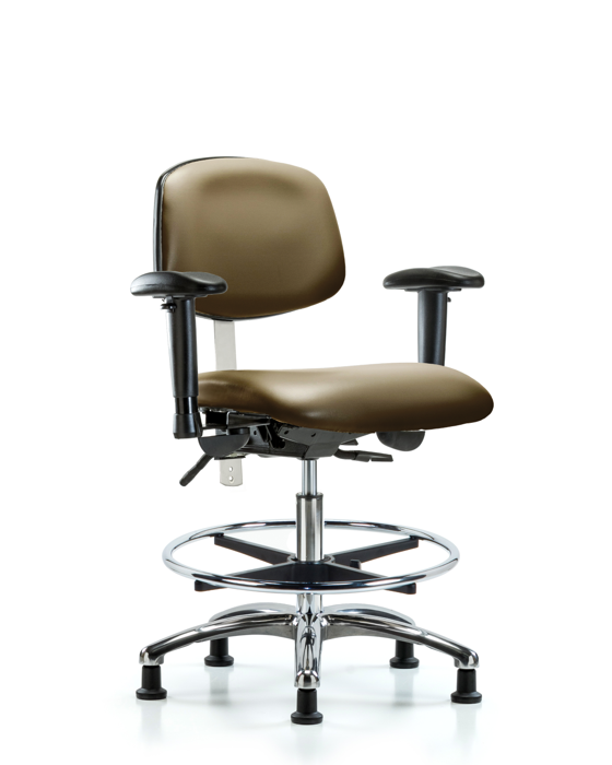 Blue Ridge Ergonomics NCR-VMBCH-CR-T1-A1-CF-RG-8809 Class 100 Vinyl Clean Room Chair - Medium Bench Height with Seat Tilt, Adjustable Arms, Chrome Foot Ring, & Stationary Glides in Taupe Supernova™ Vinyl