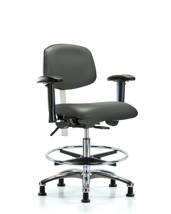 Blue Ridge Ergonomics NCR-VMBCH-CR-T1-A1-CF-RG-8823 Class 100 Vinyl Clean Room Chair - Medium Bench Height with Seat Tilt, Adjustable Arms, Chrome Foot Ring, & Stationary Glides in Carbon Supernova™ Vinyl