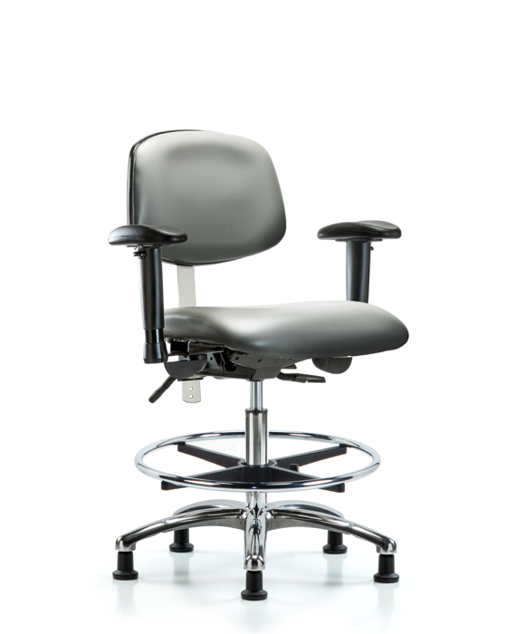 Blue Ridge Ergonomics NCR-VMBCH-CR-T1-A1-CF-RG-8840 Class 100 Vinyl Clean Room Chair - Medium Bench Height with Seat Tilt, Adjustable Arms, Chrome Foot Ring, & Stationary Glides in Sterling Supernova™ Vinyl