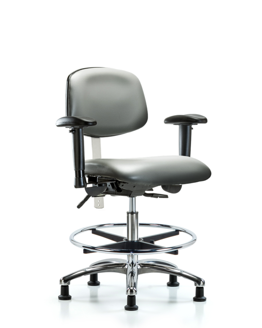 Blue Ridge Ergonomics NCR-VMBCH-CR-T1-A1-CF-RG-8840 Class 100 Vinyl Clean Room Chair - Medium Bench Height with Seat Tilt, Adjustable Arms, Chrome Foot Ring, & Stationary Glides in Sterling Supernova™ Vinyl