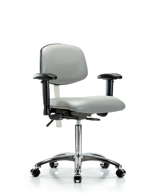 Blue Ridge Ergonomics NCR-VMBCH-CR-T1-A1-NF-CC-8567 Class 100 Vinyl Clean Room Chair - Medium Bench Height with Seat Tilt, Adjustable Arms, & Casters in Dove Trailblazer™ Vinyl