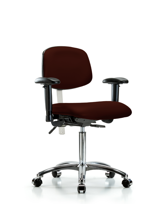 Blue Ridge Ergonomics NCR-VMBCH-CR-T1-A1-NF-CC-8569 Class 100 Vinyl Clean Room Chair - Medium Bench Height with Seat Tilt, Adjustable Arms, & Casters in Burgundy Trailblazer™ Vinyl