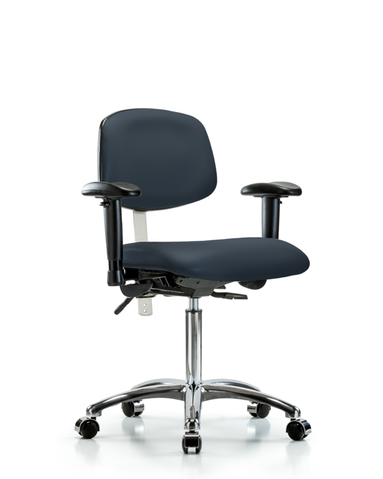 Blue Ridge Ergonomics NCR-VMBCH-CR-T1-A1-NF-CC-8582 Class 100 Vinyl Clean Room Chair - Medium Bench Height with Seat Tilt, Adjustable Arms, & Casters in Imperial Blue Trailblazer™ Vinyl