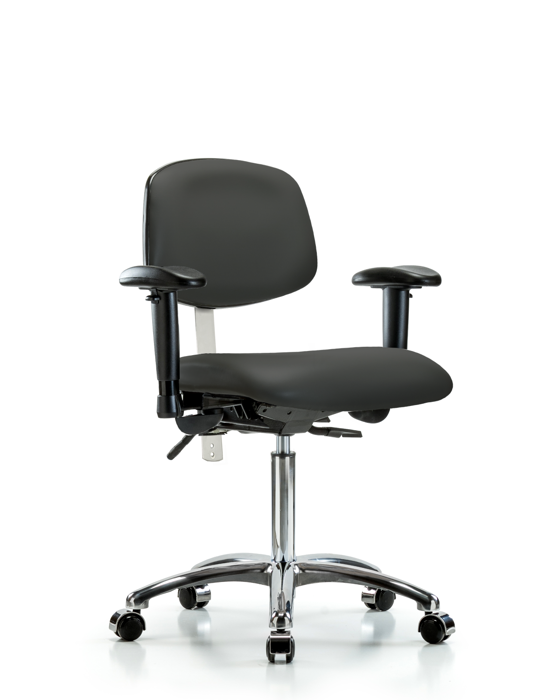 Blue Ridge Ergonomics NCR-VMBCH-CR-T1-A1-NF-CC-8605 Class 100 Vinyl Clean Room Chair - Medium Bench Height with Seat Tilt, Adjustable Arms, & Casters in Charcoal Trailblazer™ Vinyl