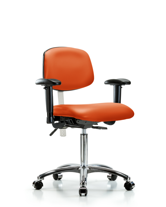Blue Ridge Ergonomics NCR-VMBCH-CR-T1-A1-NF-CC-8613 Class 100 Vinyl Clean Room Chair - Medium Bench Height with Seat Tilt, Adjustable Arms, & Casters in Orange Kist Trailblazer™ Vinyl